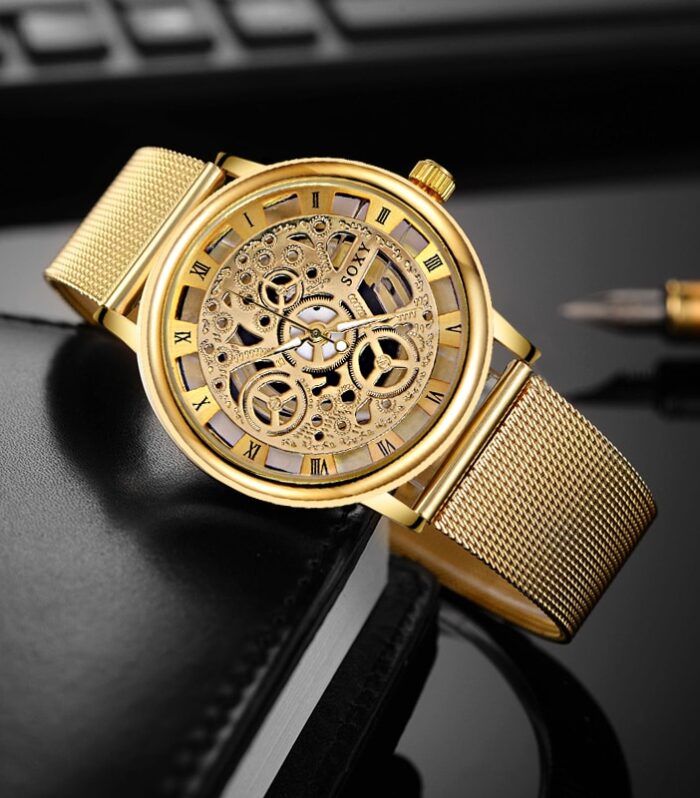 SOXY Luxury Skeleton Men Watch Women Wrist Watches Fashion Montre Homme Gold Wrist Watch Men Steel Mesh Men's Watch