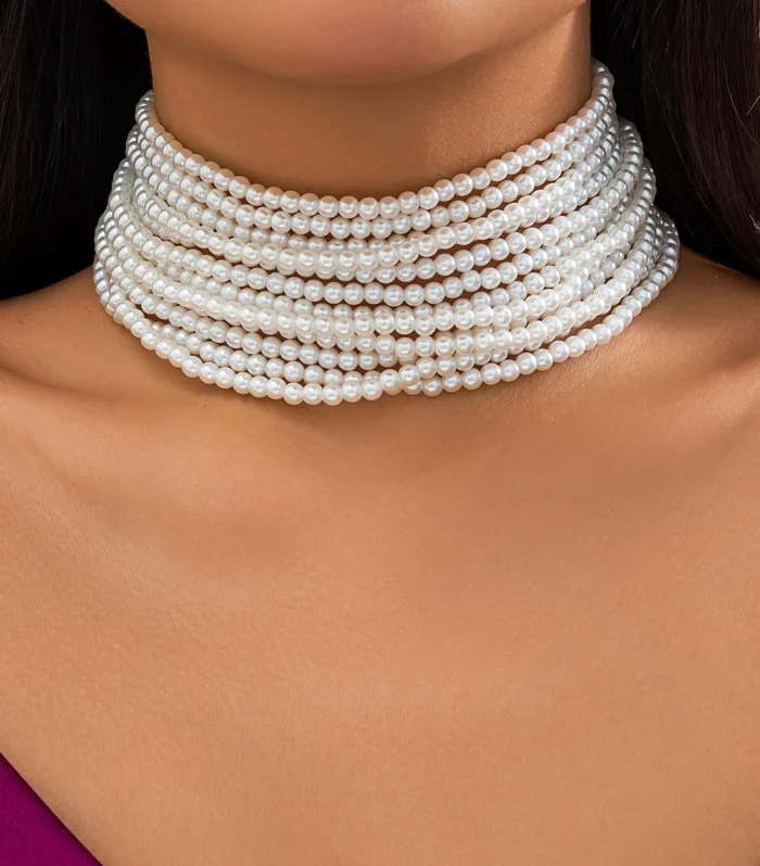 Multilayer Elegant Imitation Pearl Chunky Beads Chain Necklace for Women Wedding Bridal Goth Clavicle Choker Neck Accessories
