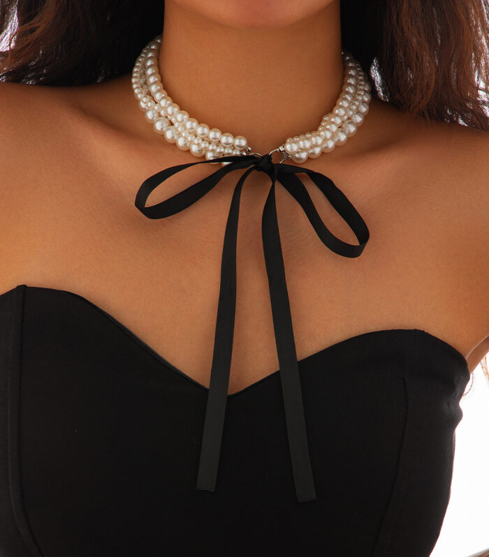 Vintage French court pearl necklace with a simple DIY velvet bow necklace