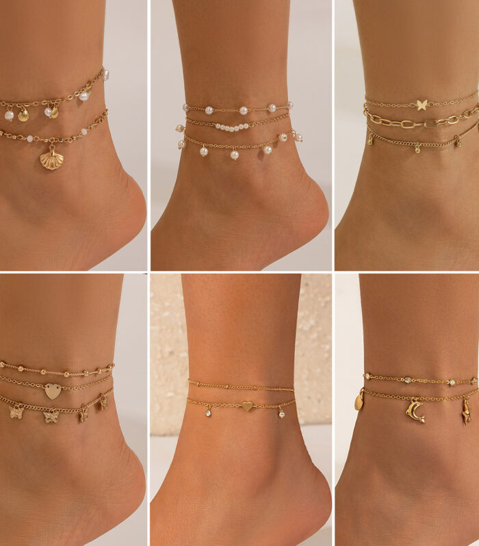 Beach Anklet Star Butterfly Chain Imitation Pearl Foot Chain Ocean Wind Shell Dolphin Foot Jewelry