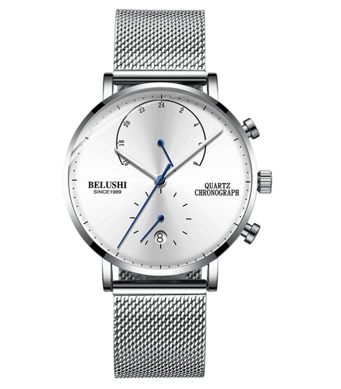 Quartz Watch Men Watches Modern Chronograph Men Watch Leather Strap Watches Man Imitation Luxury Men'S Sports Watch--Belushi 537 SILVER