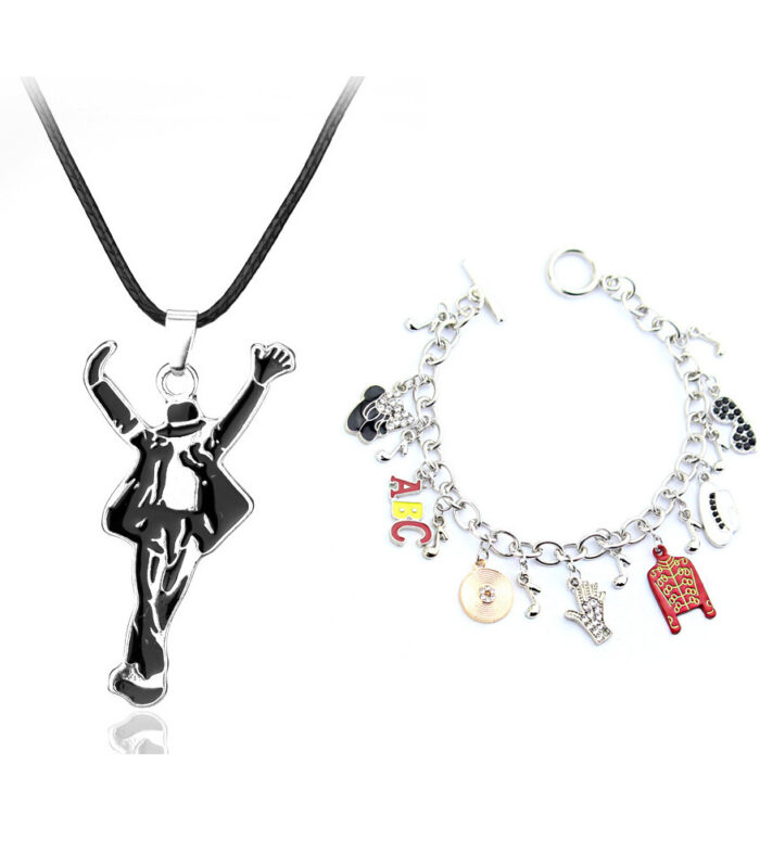 World Dance King Michael Jackson Themed Bracelet Set with Cool Dance Pose Necklace Jewelry