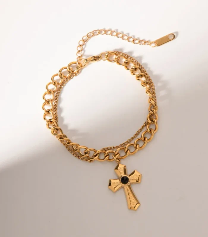 Stainless Steel Imitation Gemstone Cross Shape Pendant Bracelet