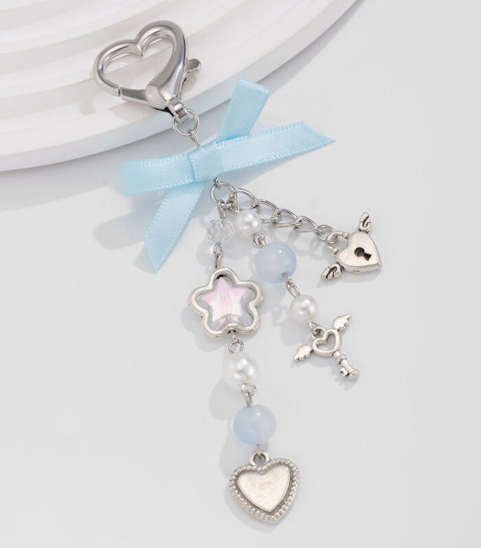 Little Fresh Love Bow Ribbon Keychain Sweet Wind Imitation Pearl Alloy Pendant