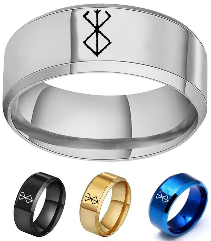 European and American Style Berserk Anime Series Laser Engraved Ring with Logo Design