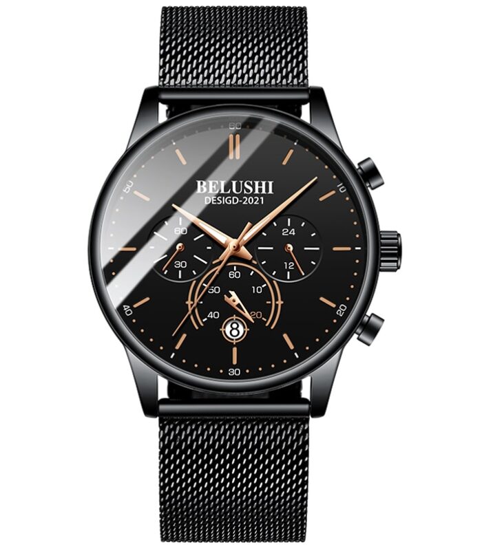 BELUSHI Watch Men Luxury Brand Famous Male Watch Black Watches Ultra Thin Milan Belt Stainless Steel Quartz Men Wrist Watch