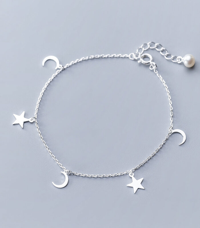 S925 Silver Anklet Women Fashion Pearl Anklet Cute Star Moon Anklet Pentagram Foot Jewelry