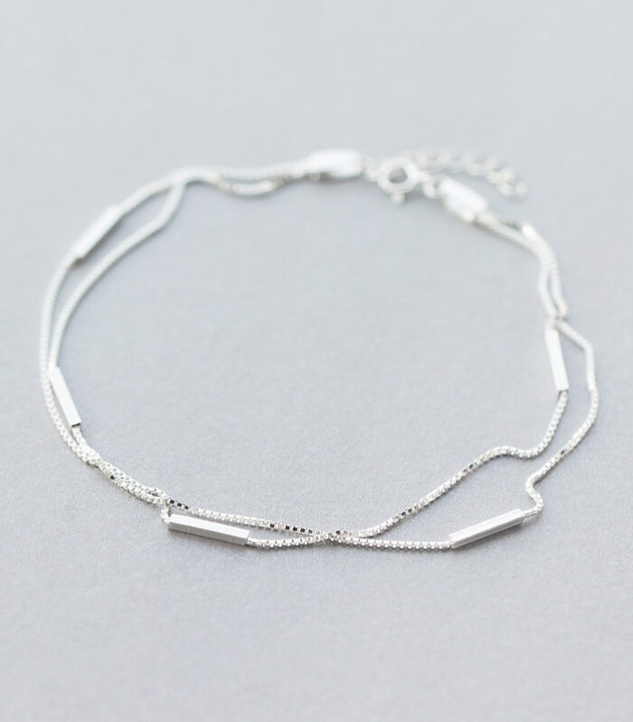 S925 Silver Anklet Women's Fashion Simple Word Round Stick Anklet Sen Series Literary Double-Layer Anklet Jewelry Women