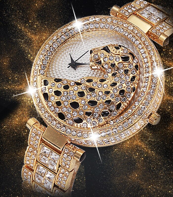 MISSFOX V227  Women Quartz Watch Fashion Bling Casual Ladies Watch Female Quartz Gold Watch Crystal Diamond Leopard For Women Clock