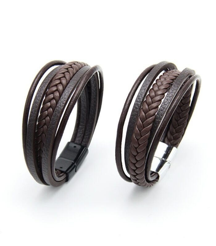 Multi layer handmade woven bracelet for men, European and American jewelry, leather rope magnetic suction vintage bracelet