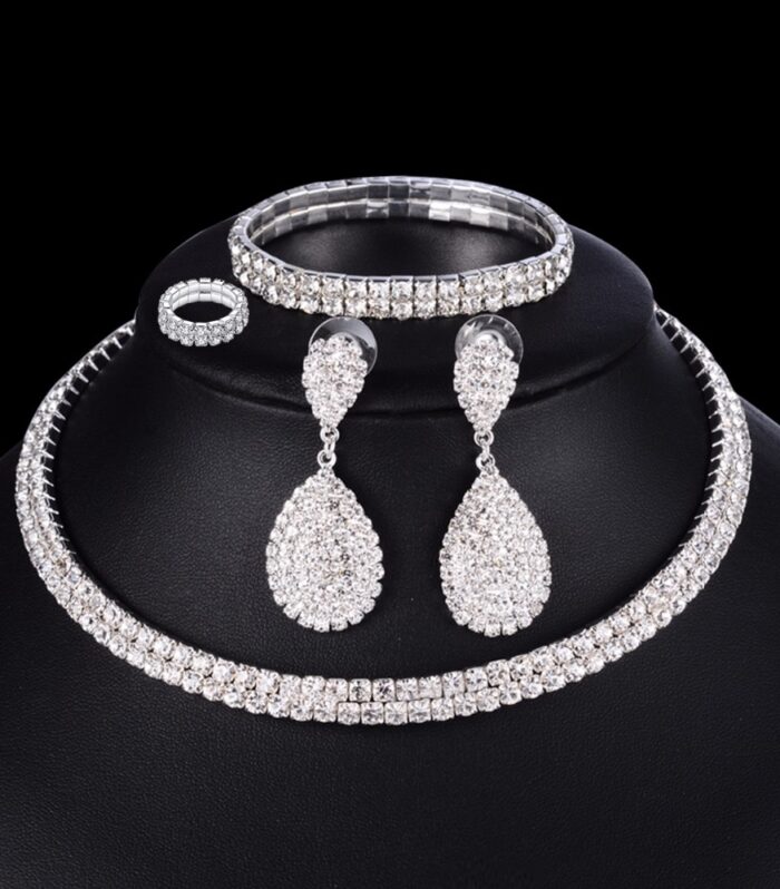 4 PCS Luxury Wedding Bridal Jewelry Sets for Brides Women Necklace Bracelet Ring Earring Set