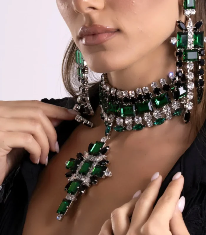 Green Corss Pendant Choker Bridal Collar Charms Party Accessories Statement Necklace Rhinestone Jewelry Pendant Wholesale Gift