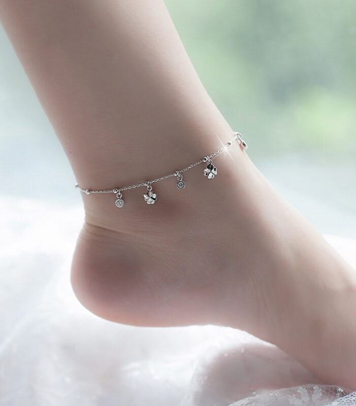 Four Leaf Clover Sterling Silver Anklet Korean Fashion Fresh Silver Jewelry S925 Sterling Silver Single Diamond Anklet Women's Style