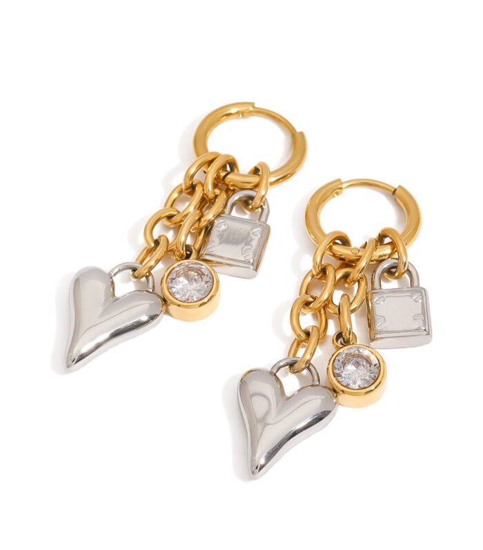 18K gold stainless steel heart-shaped zircon pendant earrings