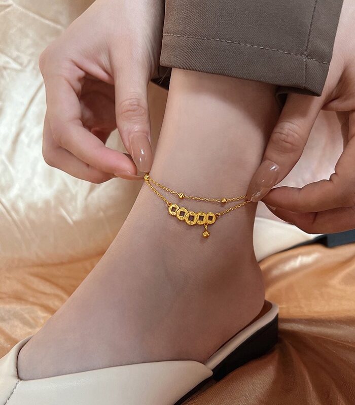 Titanium Steel Double Layer Set Chain Copper Coin Pendant Vintage Color Preserving Anklet Female Niche Foot Chain Does Not Lose Color
