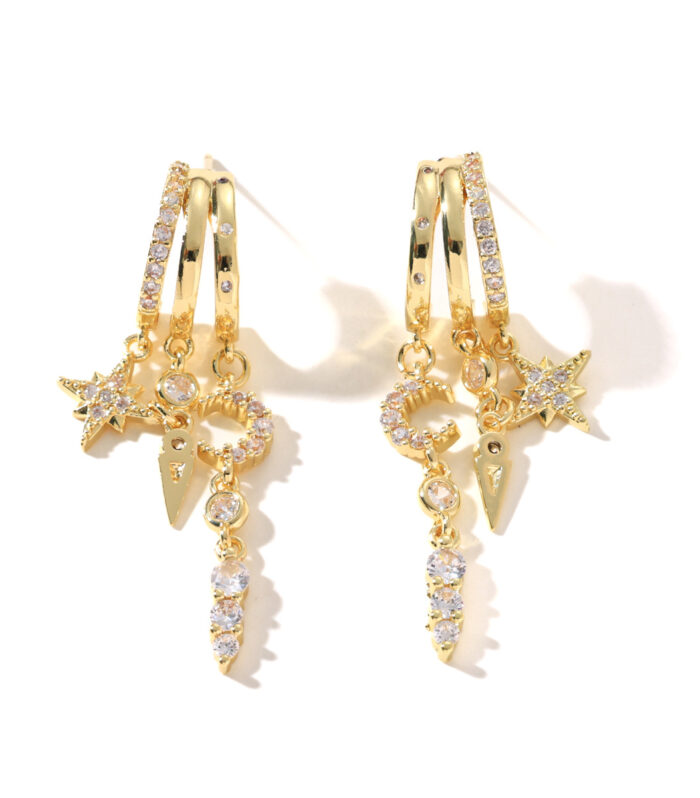 Star and Moon Asymmetric Earrings Set of 3, Cubic Zirconia Stud and Clip-On Earrings
