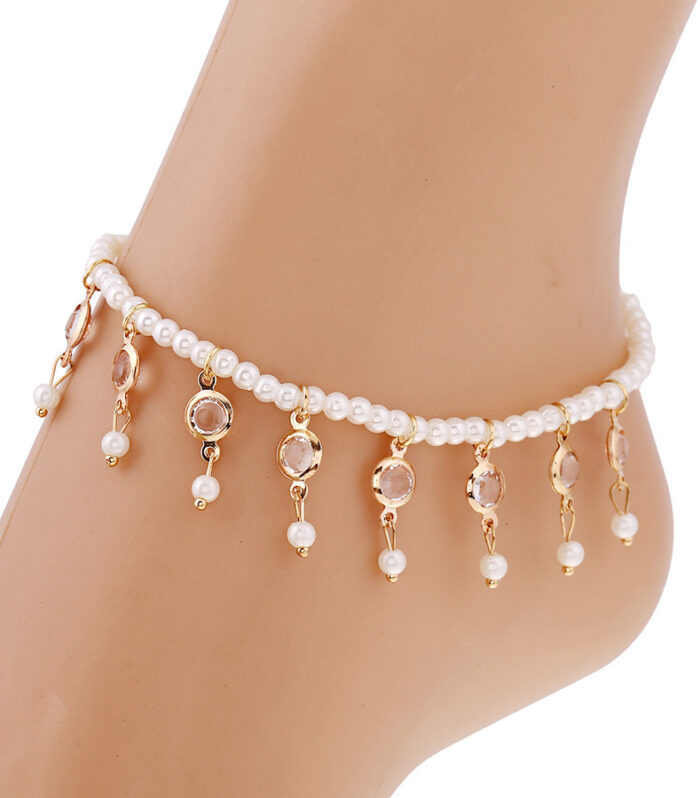 Korean Fashion Simple And Versatile Imitation Pearl Crystal Tassel Elastic Anklet