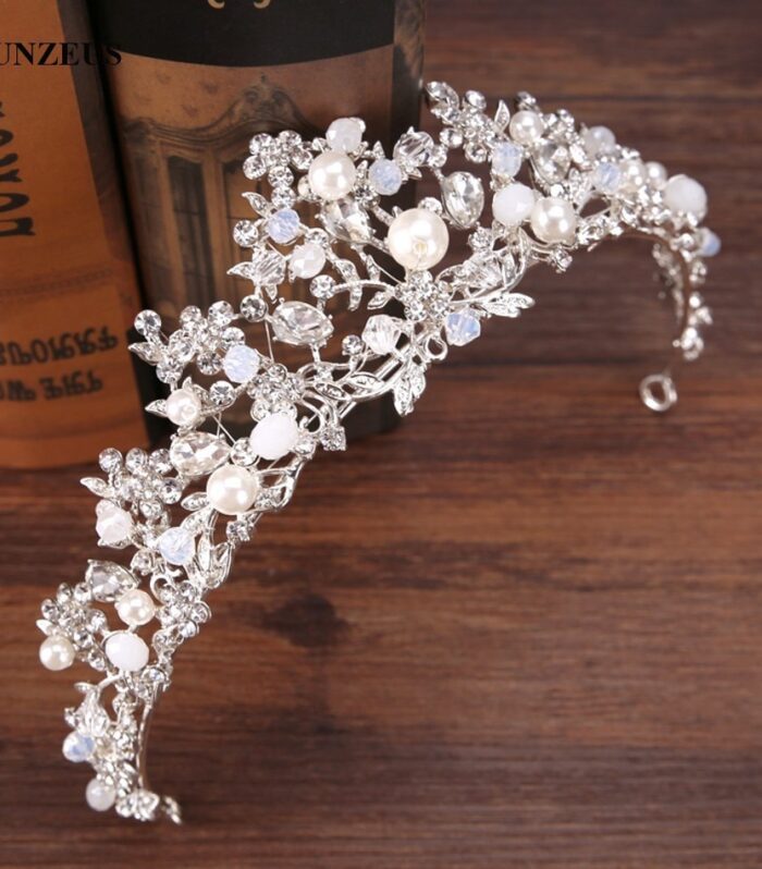 Silver Crystal Bridal Tiara With Pearls Headband Wedding Crown For Brides Marriage Accessories