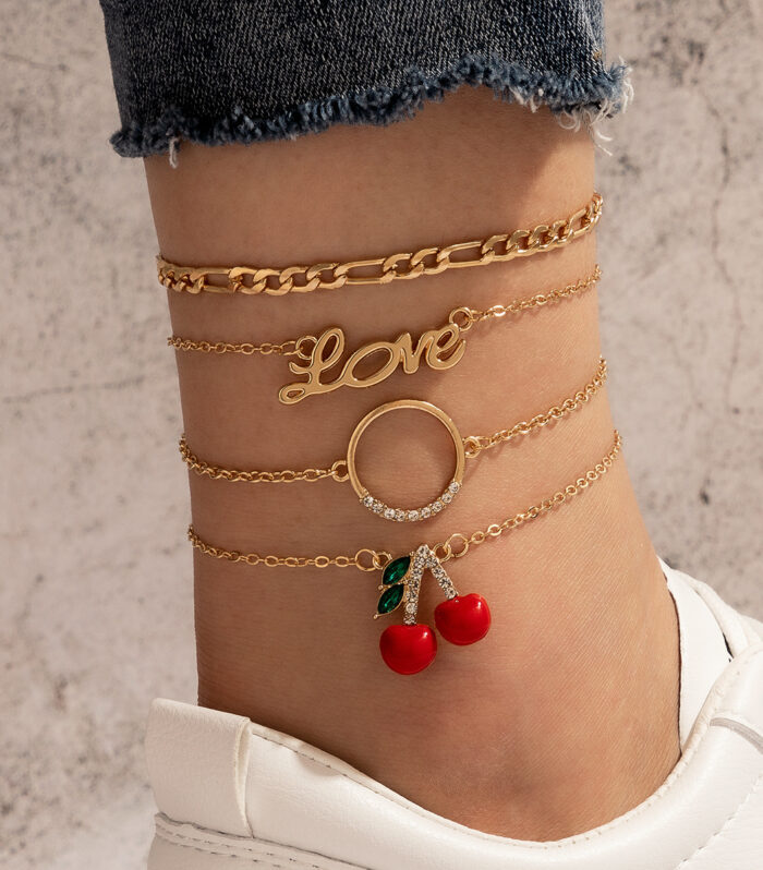 Fashion Personality Foot Accessories Cherry Drip Oil Four-Layer Anklet Letter Diamond Multi-Layer Anklet