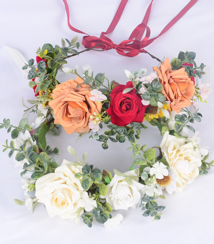 Simulated Rose Hairband Velvet Curled Edge Rose Green Leaf Flower Wreath Bridal Photo Flower Crown