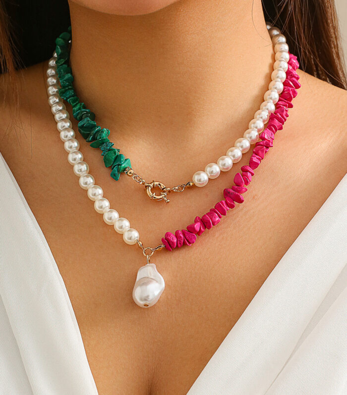 Vintage turquoise patterned versatile necklace, French minimalist imitation pearl necklace