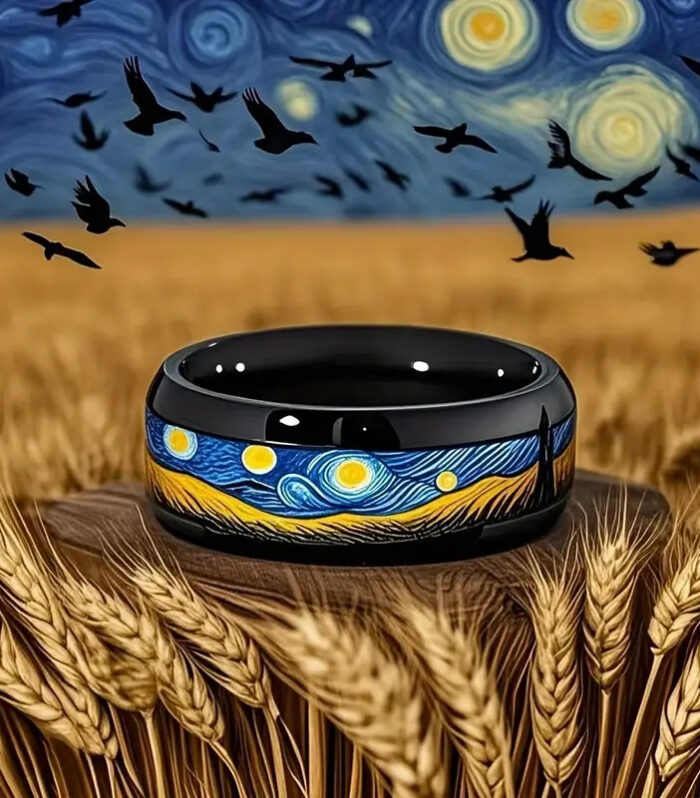 Copper-Finished Vibrant Blue and Yellow Artistic Stainless Steel 8mm Black Bead Van Gogh Star and Moon