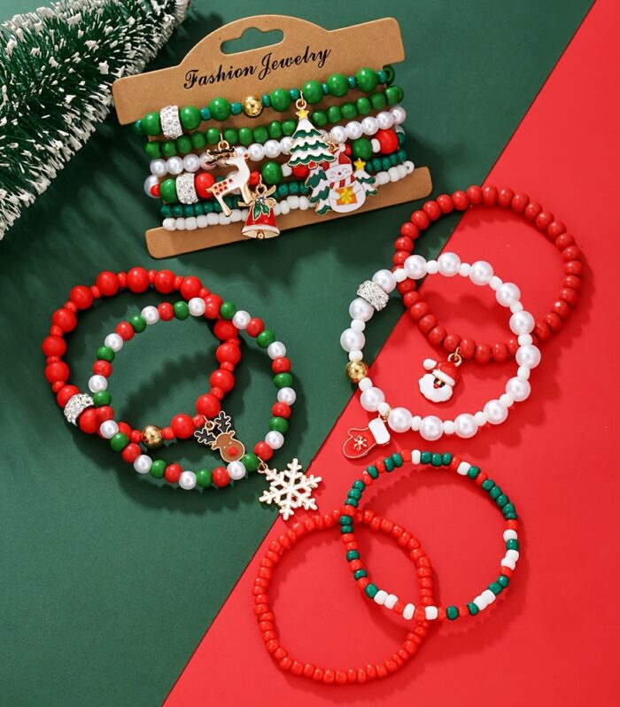Christmas bracelet set with reindeer bells, Christmas tree beads, and woven polymer clay.