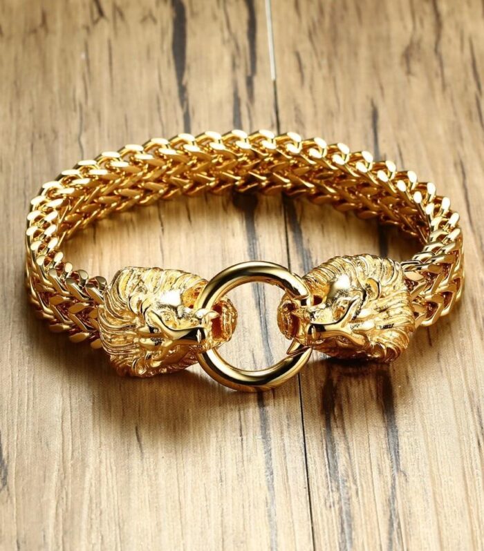 Antique Double Lion Head Herringbone Chain Bracelet for Men Stainless Steel Gold Tone Hip Hop Punk Men Jewelry 22.5cm