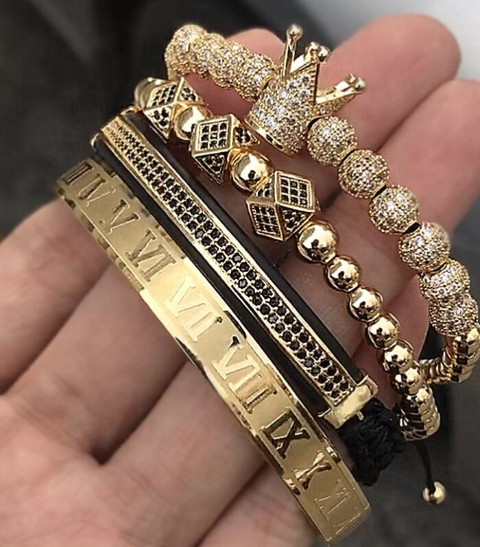 Classical Handmade Braiding Bracelet Gold Hip Hop Men Pave CZ Zircon Crown Roman Numeral Bracelet  Luxury Jewelry