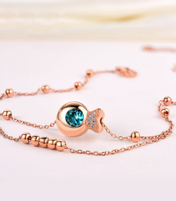 925 Sterling Silver Double Beaded Big Anklet Korean Edition Ocean Heart Small Fish Feet Rose Gold Plated Jewelry