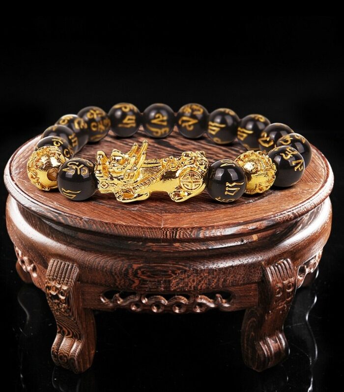 1pc Feng Shui 10-12mm Black Beads Alloy Wealth Bracelet Bangles With Golden Pixiu Charm bracelet  Gifts for Men Women