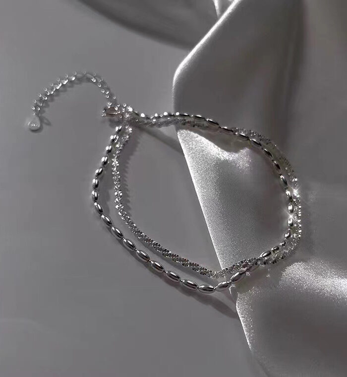 S925 Sterling Silver Rice Grain Gypsophila Double Layer Anklet Women's New Trendy Anklet Women's Foot Chain Foot Jewelry