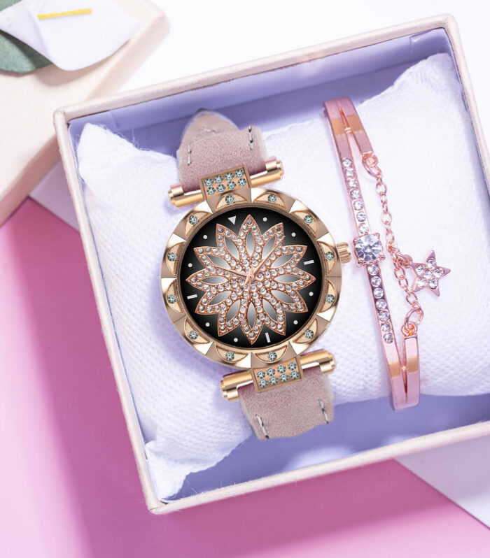 New Fashion Leather Strap Watch Women Quartz Watch Romantic Starry Sky Wrist Watch Bracelet Set for Women Gift Wrist Accessories