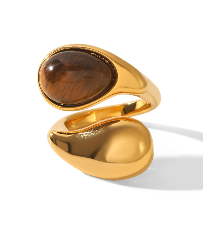 Waterdrop shaped stainless steel inlaid tiger eye stone ring