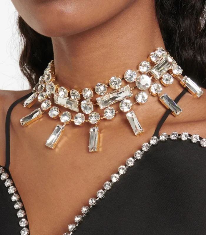 Fashion Rhinestone Hollow Square Pendant Choker Necklace Wedding Jewelry for Women Luxury Crystal Multiple Rows Bridal Collar