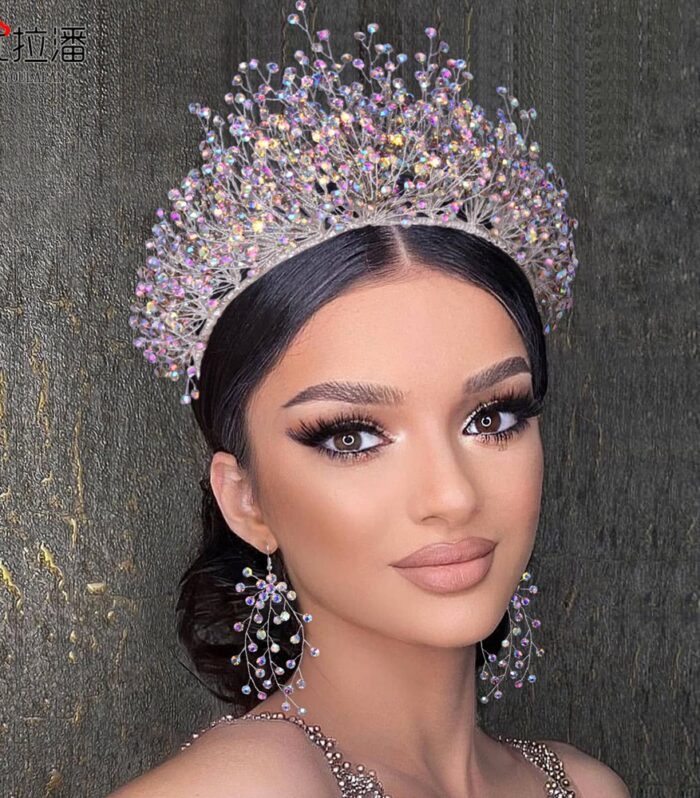 Bridal Headdress New Crown Set Ab Colored Diamond Necklace Earrings Three-Piece Set