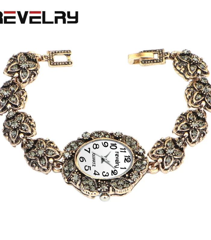 Women Ancient Gold Bracelet Luxury Watches Grey Rhinestone Ladies Quartz Wristwatch Casual Women Dress Colck
